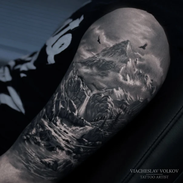 Realism Mountain, Landscape tattoo on Full Sleeve