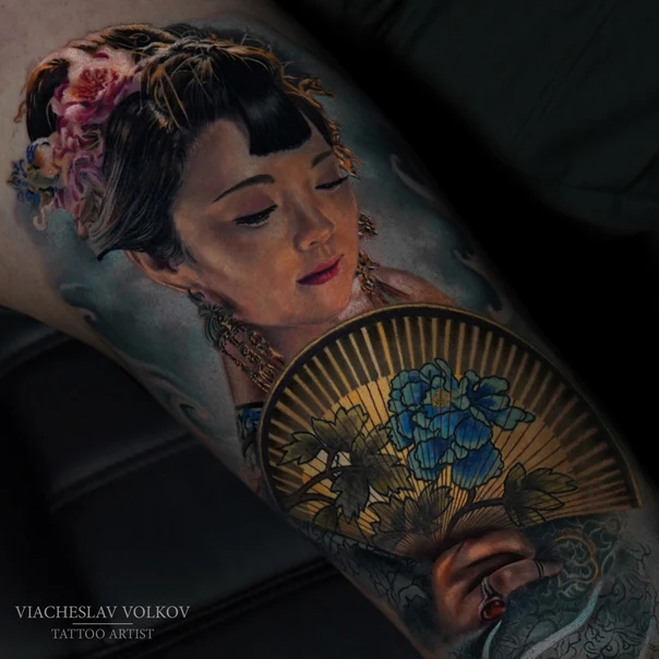 Realism Geisha, Fan tattoo on Forearm