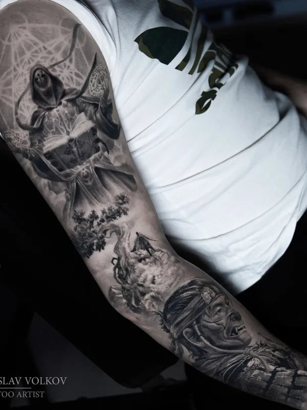 black and grey realism татуировка на full sleeve #67099 | Тату мастер Вячеслав Волков