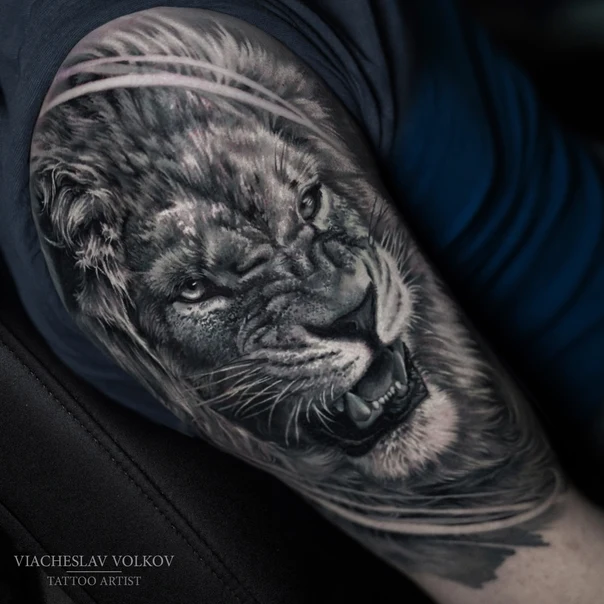 Realism Lion tattoo on Upper Arm