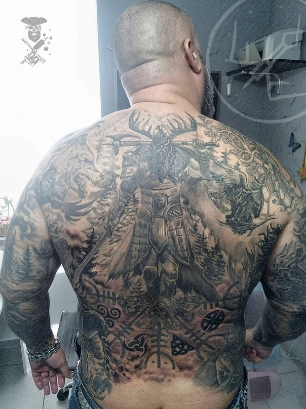 Black & Grey Viking, Wolf tattoo on Full Back