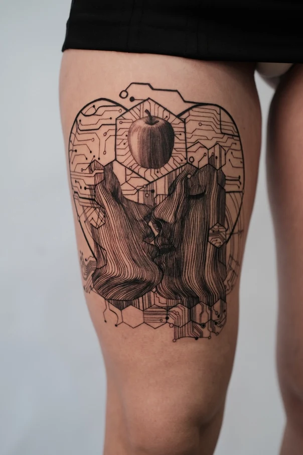 Лайнворк Apple, Circuitry tattoo на Бедро