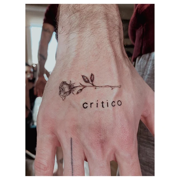 Fineline Rose, Text tattoo on Back of Hand