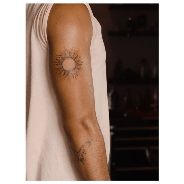 Linework Sun, Bird tattoo on Bicep