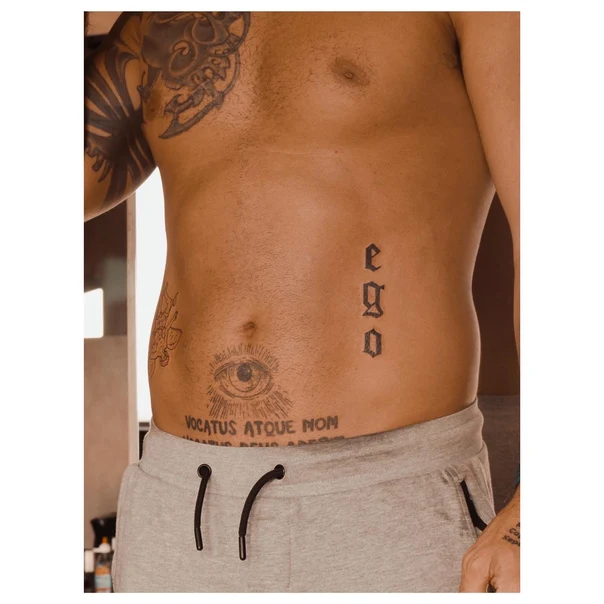 Blackwork Eye, Lettering tattoo on Stomach