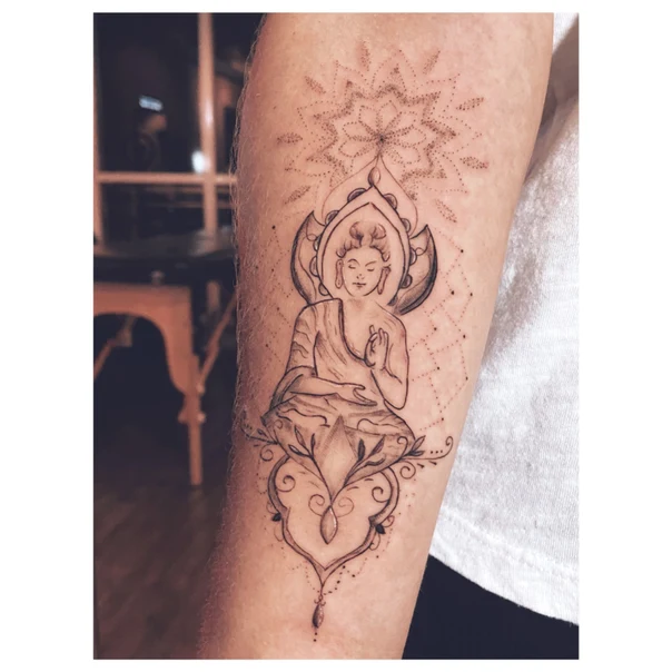 Linework Buddha, Mandala tattoo on Forearm