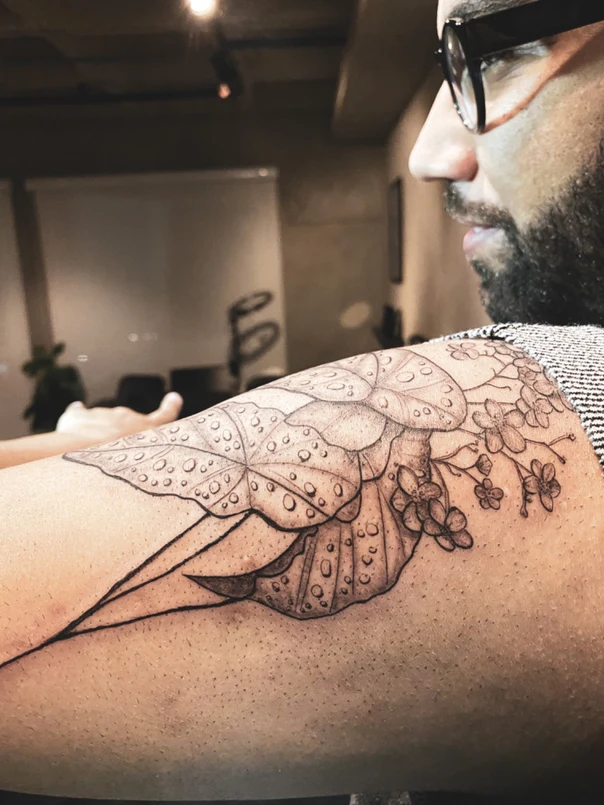 Linework Leaf, Flower tattoo on Upper Arm