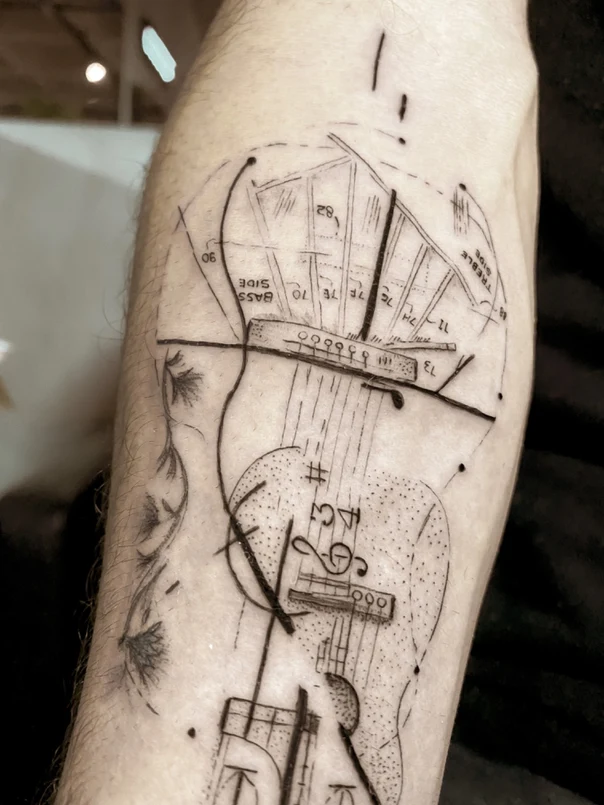 Sketch Guitar, Music notes tattoo on Forearm