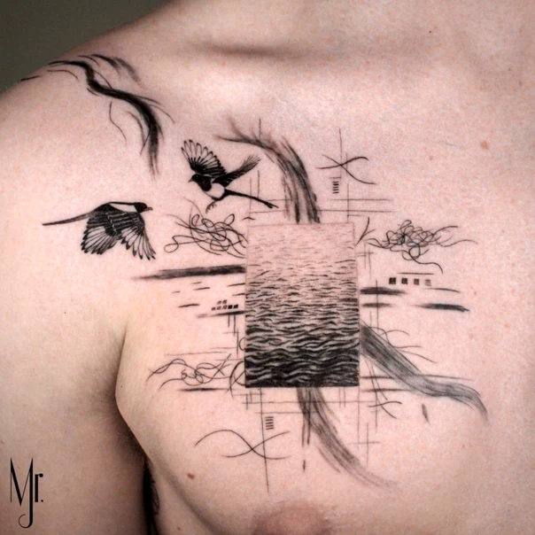 Sketch Birds, Water tattoo on Chest