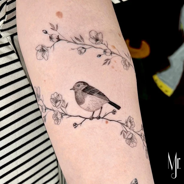 Fineline Bird, Flowers tattoo on Forearm
