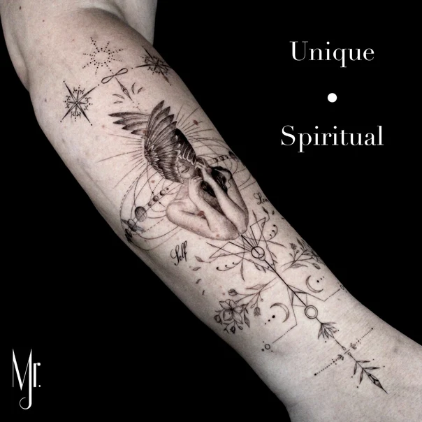 Fineline Figure, Wings tattoo on Forearm