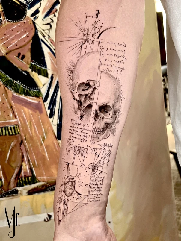 Sketch Skull, Heart tattoo on Forearm