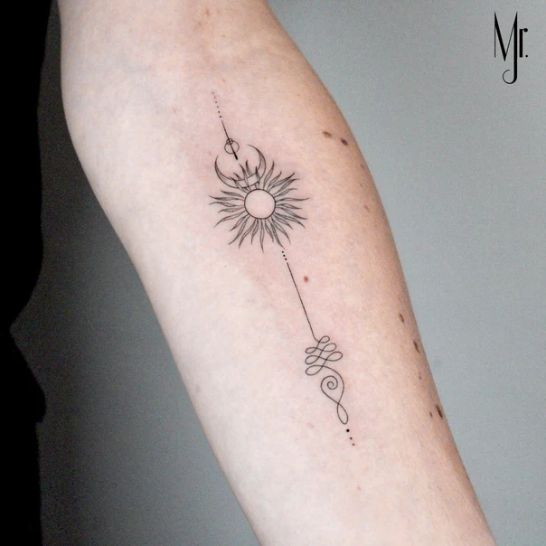 Fineline Sun, Moon tattoo on Forearm