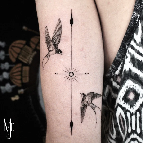Fineline Bird, Compass tattoo on Forearm