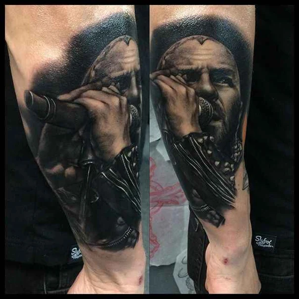 Realism Portrait, Microphone tattoo on Forearm