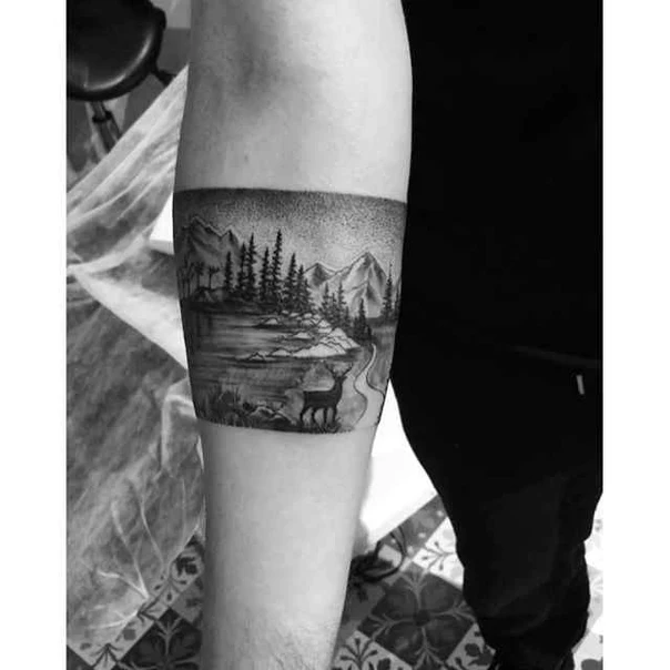 Black & Grey Landscape, Deer tattoo on Forearm