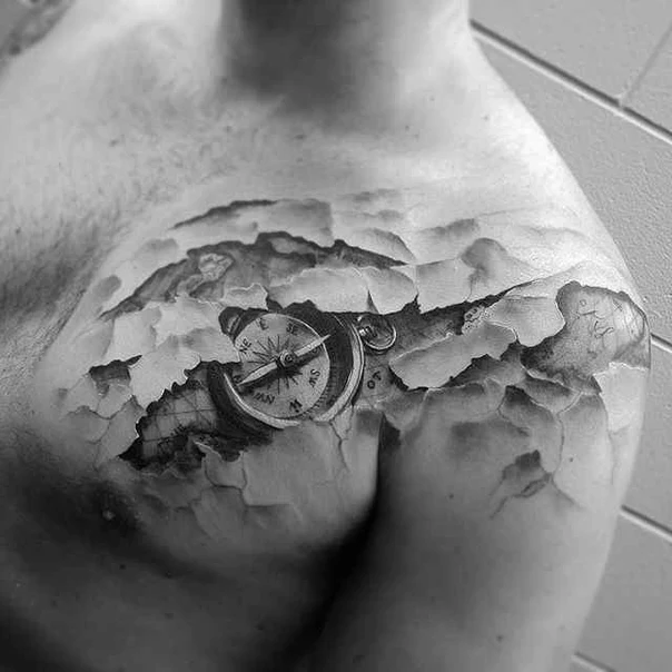 Realism Compass, Landscape tattoo on Chest
