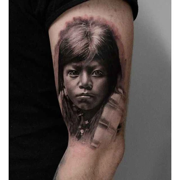 Realism Portrait, Child tattoo on Bicep