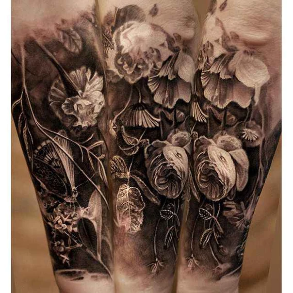 Realism Flowers, Butterfly tattoo on Forearm