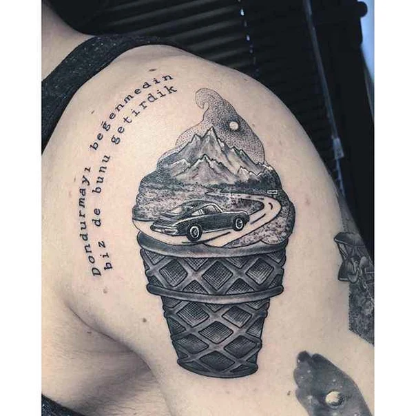 Illustrative Ice cream cone, Mountain tattoo on Shoulder