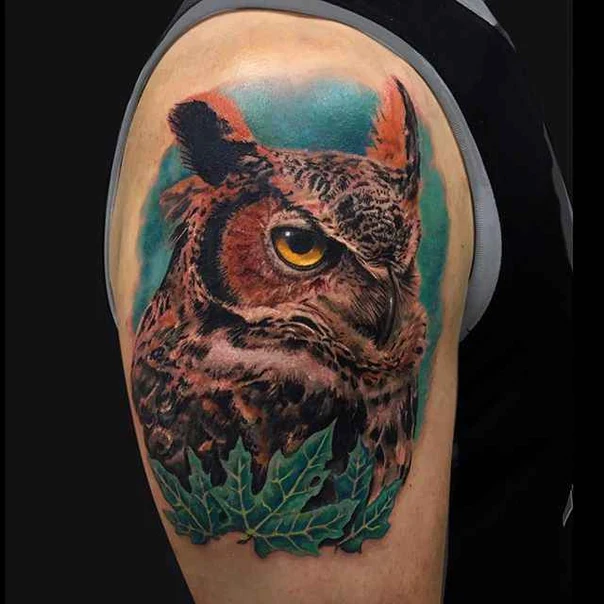Realism Owl, Leaves tattoo on Shoulder