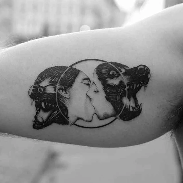 Blackwork Dog, Portrait tattoo on Bicep