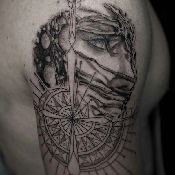 Black & Grey Compass, Face tattoo on Shoulder