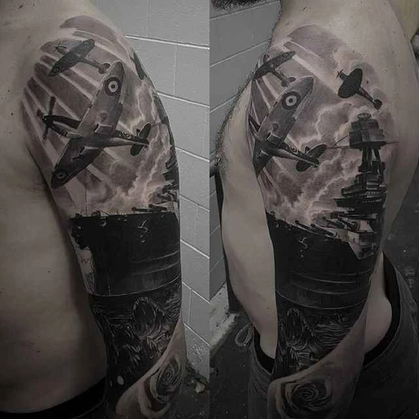 Realism Airplane, Warship tattoo on Full Sleeve