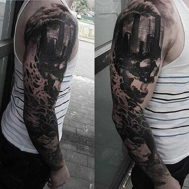 Blackwork Skull, Cityscape tattoo on Full Sleeve