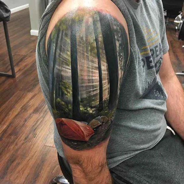 Realism Forest, Tent tattoo on Upper Arm