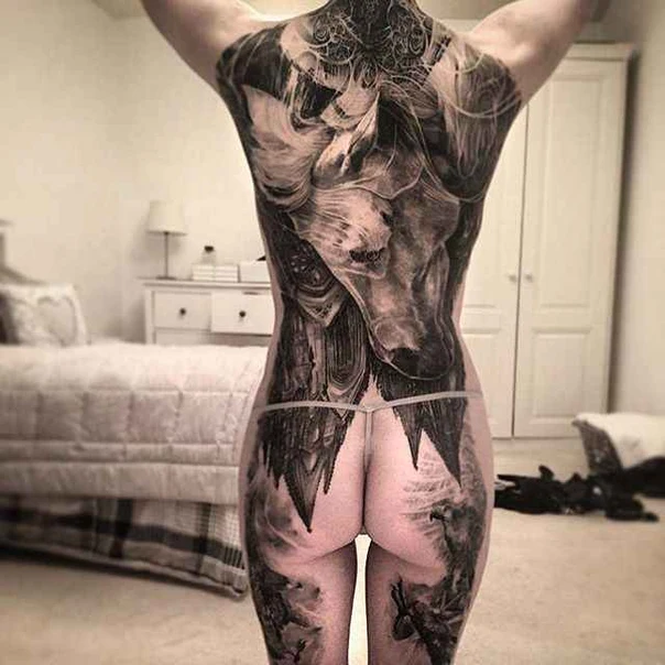Realism Animal, Landscape tattoo on Full Back
