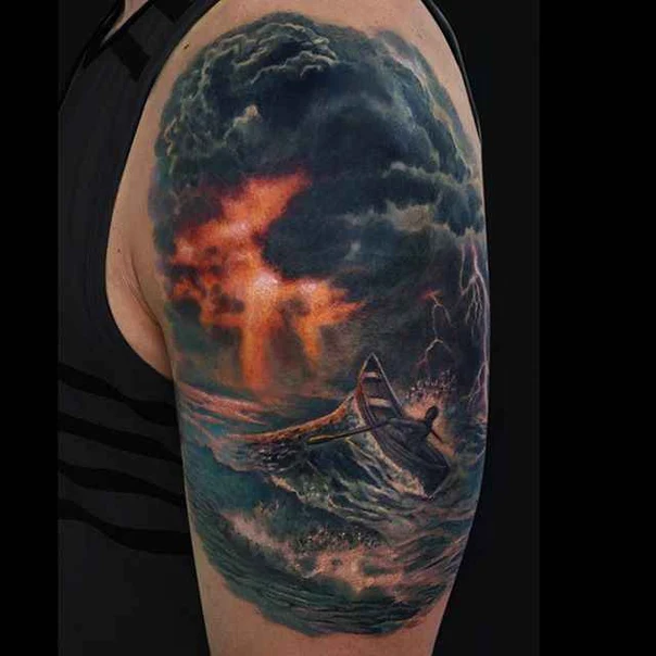 Realism Boat, Storm tattoo on Upper Arm