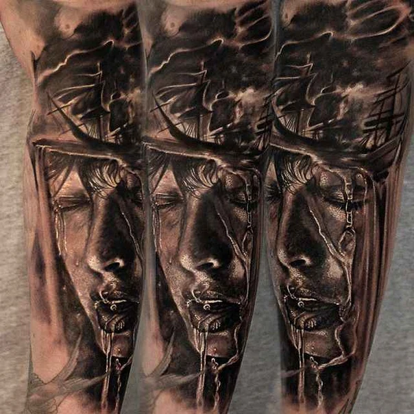 Realism Face, Ship tattoo on Forearm