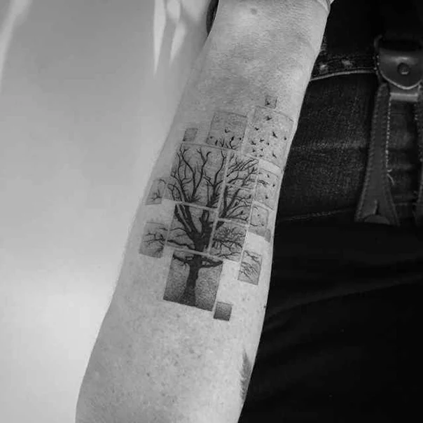 Blackwork Tree, Birds tattoo on Forearm