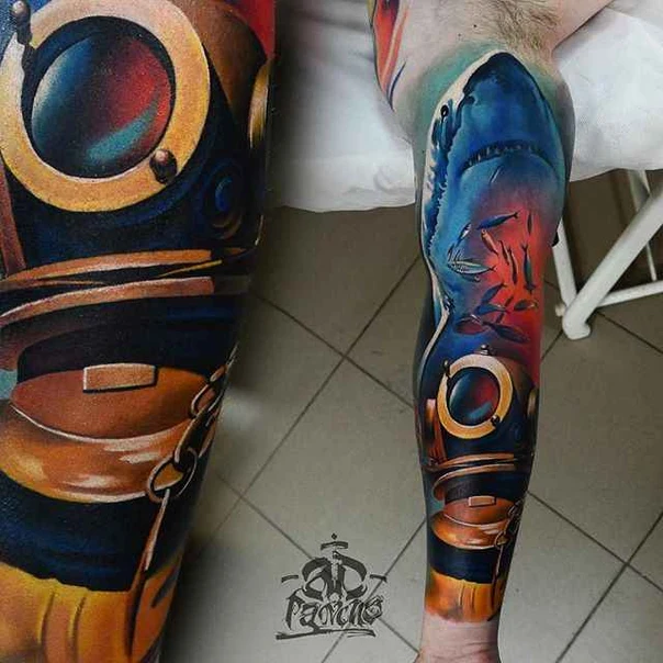 Realism Diver helmet, Shark tattoo on Full Sleeve