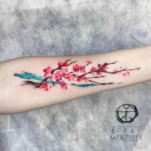 Watercolor Cherry blossom, Branch tattoo on Forearm