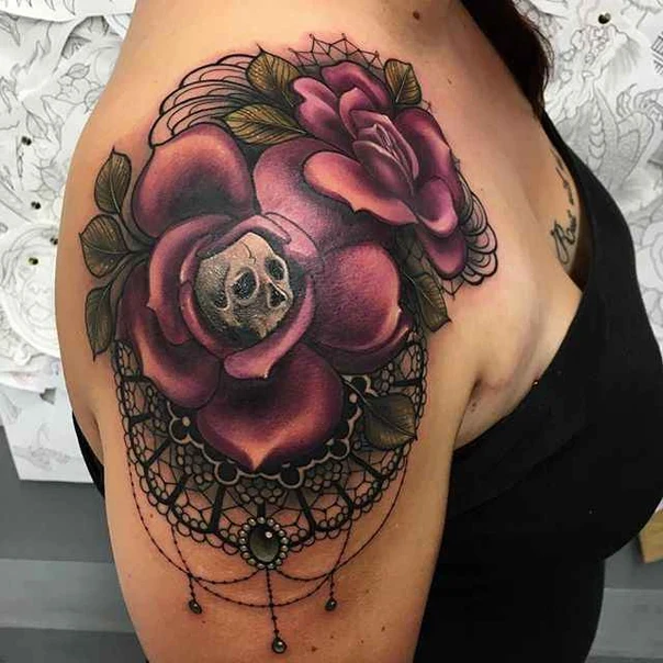 Neo-traditional Rose, Skull tattoo on Shoulder