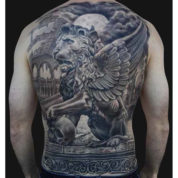 Realism Lion, Skull tattoo on Full Back