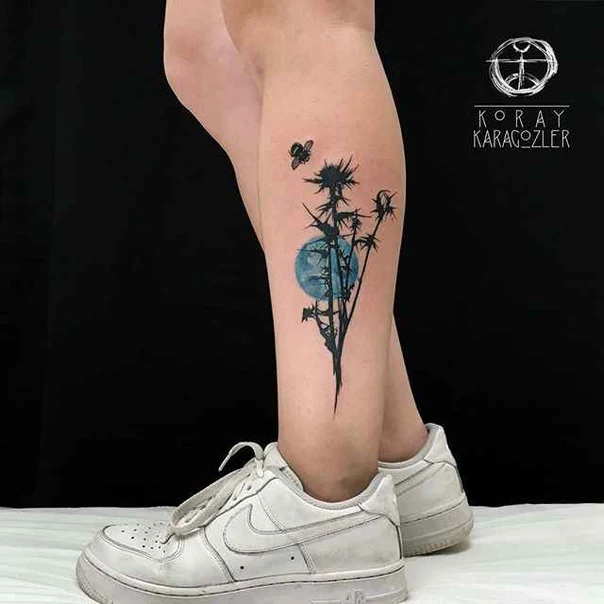 Illustrative Plant, Bee tattoo on Calf