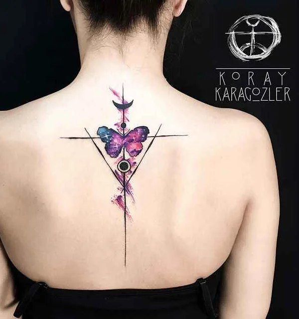 female color watercolor tattoo on upper back #297 | Tattoo Artist Koray Karagözler