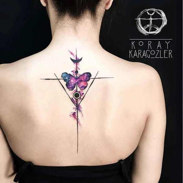 Watercolor Butterfly, Geometric tattoo on Upper Back