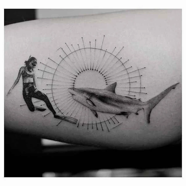 Black & Grey Shark, Diver tattoo on Forearm