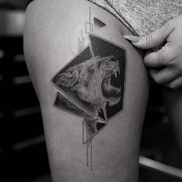 Black & Grey Lion, Geometric tattoo on Thigh