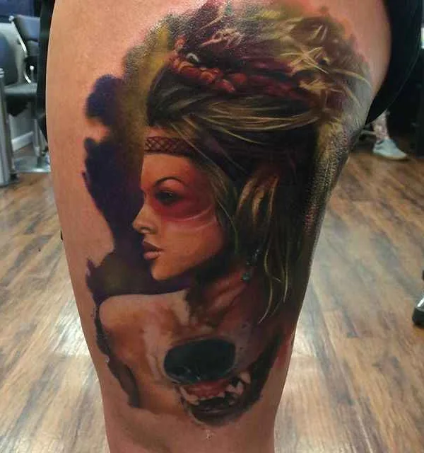 female color realism tattoo on thigh #346 | Tattoo Artist Kyle Cotterman