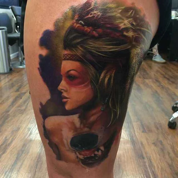 Realism Woman, Wolf tattoo on Thigh