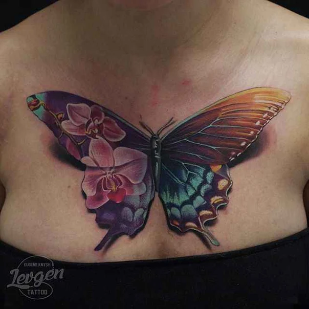 Realism Butterfly, Flowers tattoo on Chest