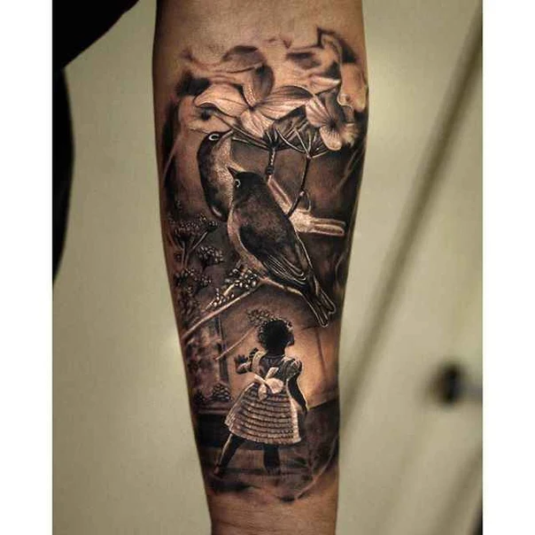 Realism Birds, Flowers tattoo on Forearm