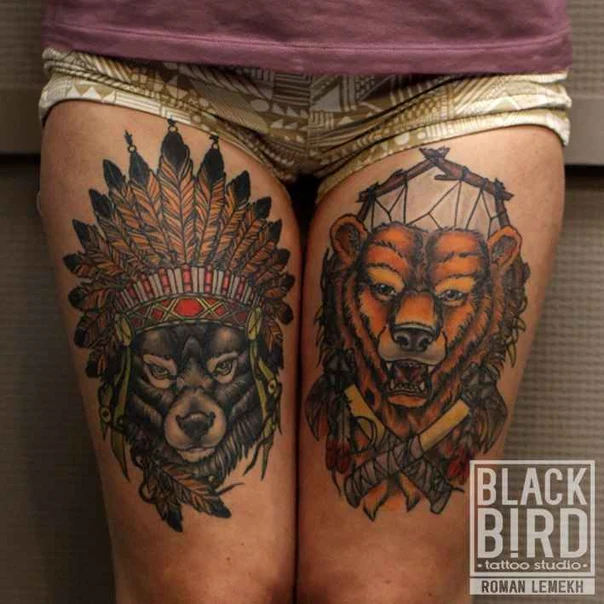 Иллюстративная Animal, Native american tattoo на Бедро