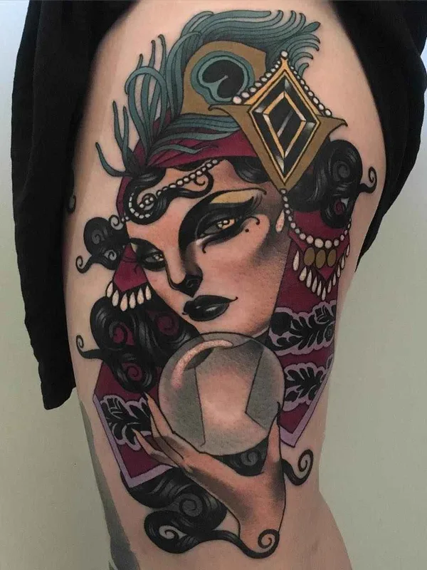 color neo traditional 纹身 在 thigh #10640 | 纹身师 Emily Rose Murray