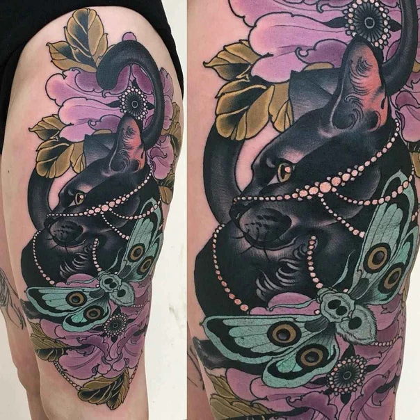 Neo Traditional Cat, Butterfly tattoo on Thigh